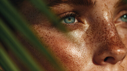 A close-up portrait showcases a person's face, highlighting blue eyes and freckles.