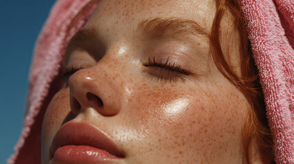 A radiant woman with freckles enjoys the sunlight, eyes closed with a pink towel on her head.