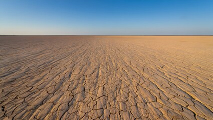 A dry field with no grass, cracked soil underfoot, distant mountains, hot and arid atmosphere