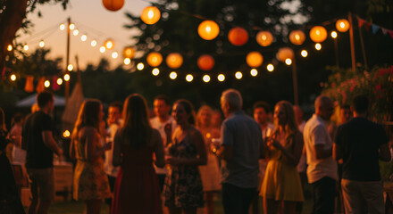 Enchanting evening gathering with warm lights and joyful celebration in nature