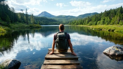 A person sits peacefully on a wooden dock by the lake, capturing a moment of solitude and connection with nature, reflecting on life's journey amidst stunning views.