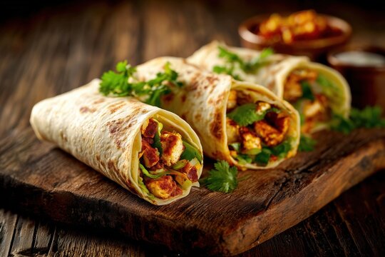 Two kathi roll filled with vegetables and cheese on a wooden board