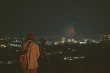 Celebration of Independence Day in the USA featuring fireworks, patriotism, and a photographer capturing the moment with a flag on his shoulder at night