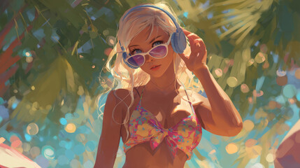 A beautiful woman in a bikini is listening to music on a sunny day.