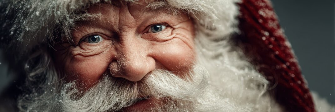 Smiling Santa Claus with snowy beard and bright blue eyes during winter festivities