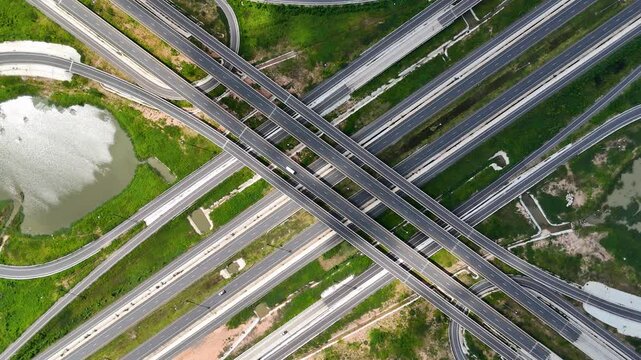 Drone footage aerial view bridge intersection between the highway numbers 290 and 304 Nakhon Ratchasima