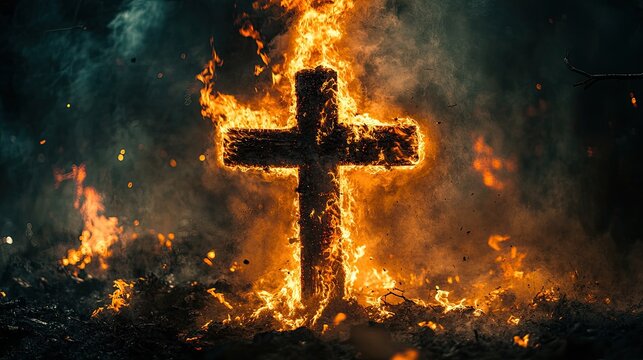 Fiery wooden cross burning with dramatic flames and emitting glowing embers and thick dark smoke in a haunting scene.