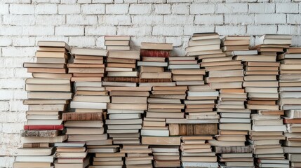 Fototapeta premium A stacked collection of books against a textured white wall, representing knowledge, learning, and the richness of stories waiting to be discovered.