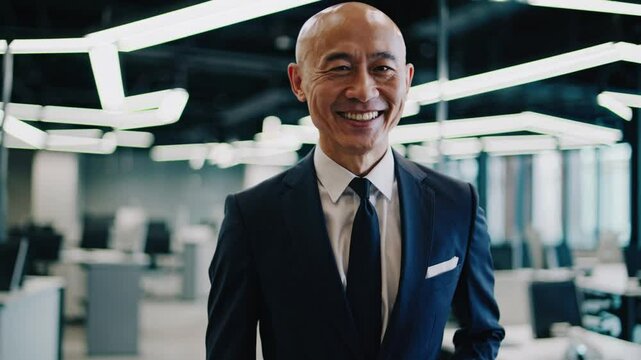 Bald in the middle head and begin no loss hair glabrous of mature Asian business smart active office man.