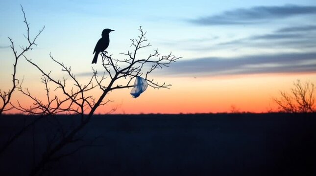 A stark silhouette of a bird perched on a bare tree branch with a plastic bag caught on it, set against a vibrant sunset, highlighting themes of environmental pollution and nature's plight.