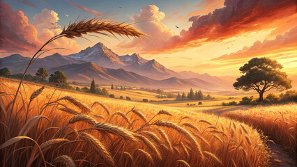 The picture depicts a vast golden wheat field with prominent spikes in the foreground, extending towards snow-capped mountains under a dramatic orange-pink sunset sky filled with clouds.