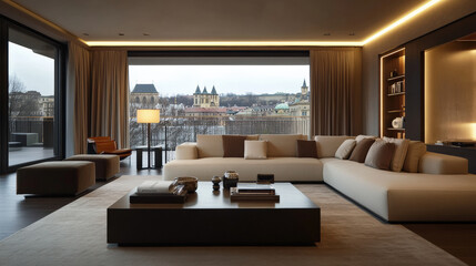 Elegant modern flat in Prague featuring neutral tones, spacious living area, large windows, and stunning city views. design combines comfort and sophistication, creating serene atmosphere