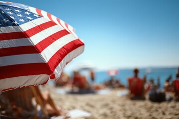 Celebrating American Independence Day at the beach with the USA flag and vibrant festivities under a clear blue sky