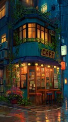An atmospheric illustration of an inviting coffee shop on a wet city street. A concept for comfort, coffee culture, and peaceful rainy day vibes.