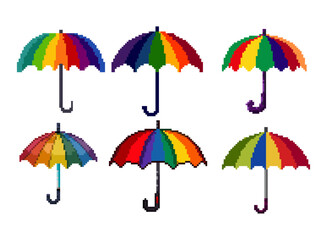 Pixel Art Rainbow Umbrellas Collection, Colorful Weather Icons, vibrant collection of six distinct pixel art umbrellas, each bursting with bright rainbow colors and subtle variations in design.
