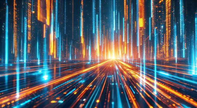Abstract Data Stream Visualization with Blue and Orange Light Trails and Digital Particles