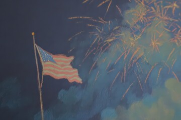 Celebrating American Independence Day with fireworks illuminating the night sky and the USA flag waving proudly in the background