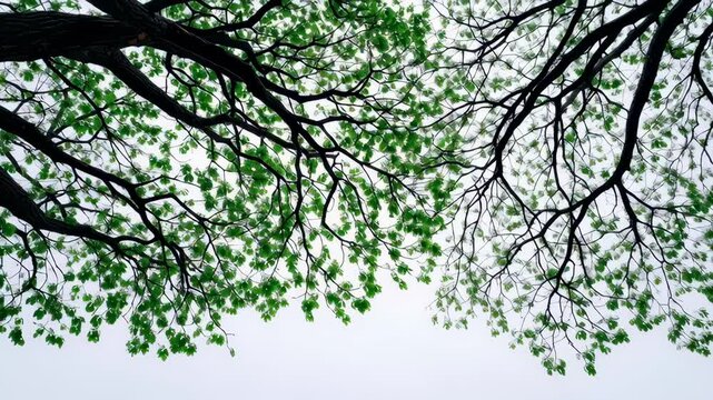 Lush Green Canopy from Below - A low-angle view showcases the intricate branches and vibrant green leaves of a large tree against a bright, slightly overcast sky.