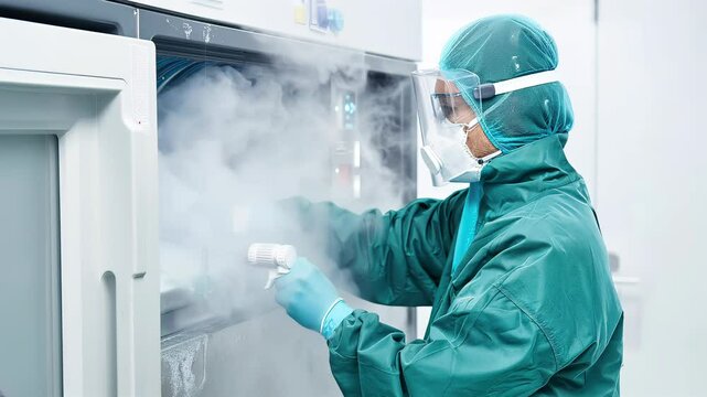 Lab assistant preparing cryogenic storage with ultra-cold freezer in controlled laboratory conditions