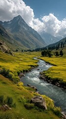 Lush green valley with a flowing river against majestic mountains under a blue sky in a serene landscape