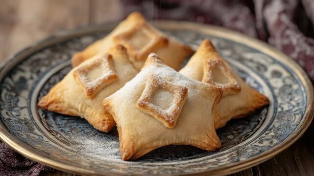 Five golden brown pastries with decorative toppings on a patterned plate, suggesting they are ready for serving or gifting.