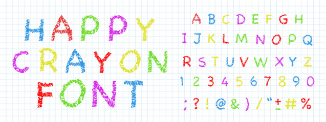 Crayon kids font, doodle funny playful alphabet, hand drawn letters and numbers. School wax crayon abc for educational banners, school, kindergarten