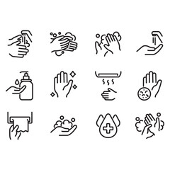 Collection of hand washing icons. Thin line style vector. Contains icons such as hand washing, liquid soap, hand dryer and more.