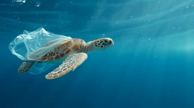 A sea turtle struggles with a plastic bag entangled around its body while swimming in the ocean, a poignant visual of marine pollution.