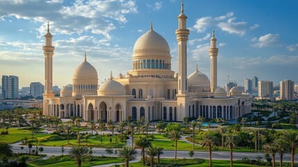 Obraz premium Majestic mosque architecture in a serene landscape blending cultural heritage with modern urbanism and architectural beauty