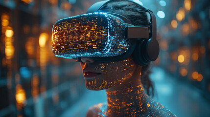 Woman using VR headset in futuristic server room with data stream