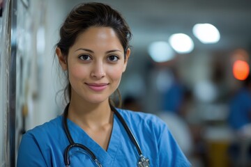 a beautiful Hispanic nurse in scrubs, standing against a wall with a busy hospital hallway