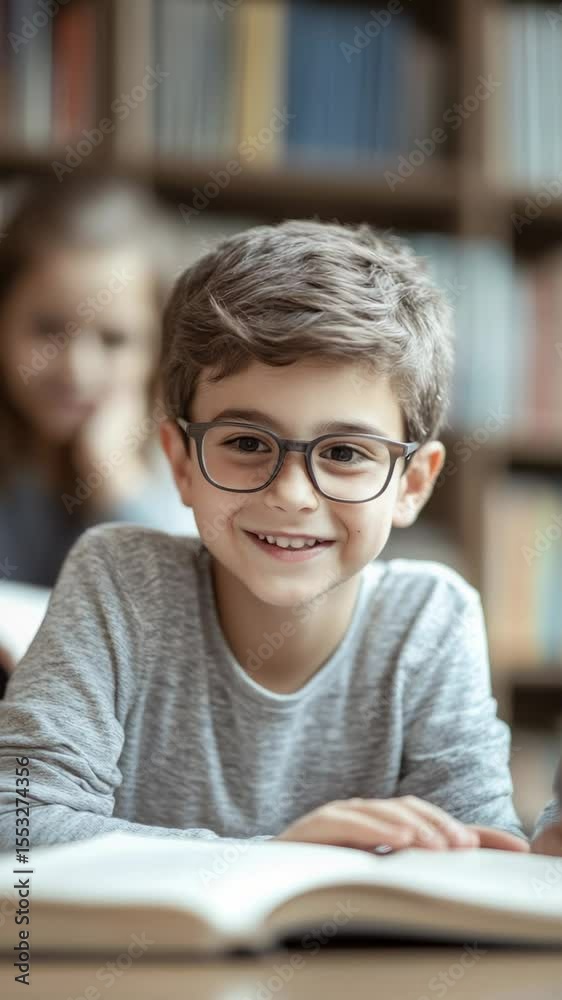 Aufkleber Happy elementary school student wearing eyeglasses smiling and reading a textbook while lying on the floor in the school library with blurred bookshelves and classmates in the background