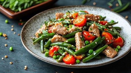 Fried Green Beans with Pork on White Plate, Thai and Chinese Food, Healthy Stir Fry Dish for Culinary