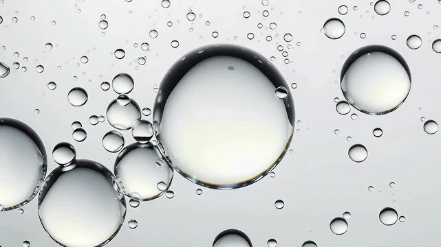 Realistic animation of transparent liquid drops floating on a soft gray background. Clean glossy surface with smooth reflections for cosmetic and hydration concepts. 4K animation.