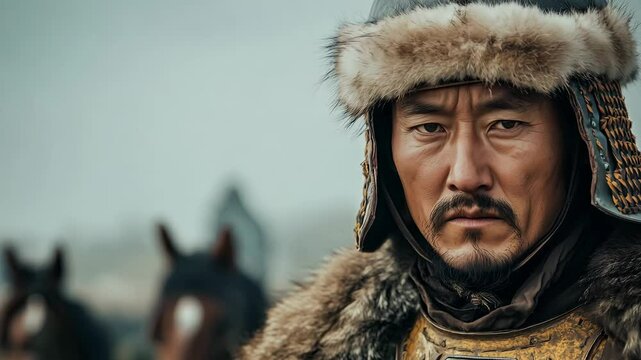 A stern Mongolian warrior in traditional armor stands with horses beneath a cloudy sky, capturing a historic moment
