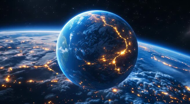 Glowing Earth from Space with City Lights and Atmospheric Perspective View