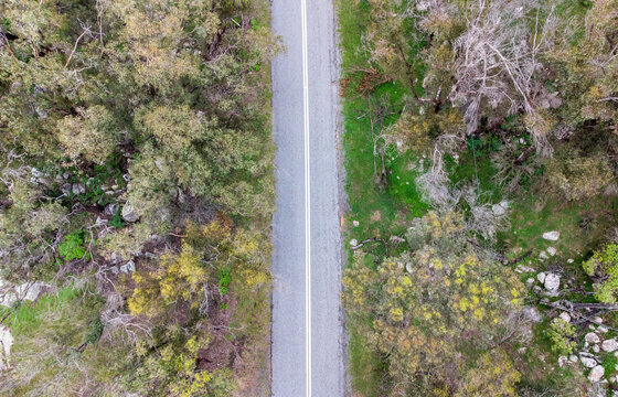 An aerial shot of a country road