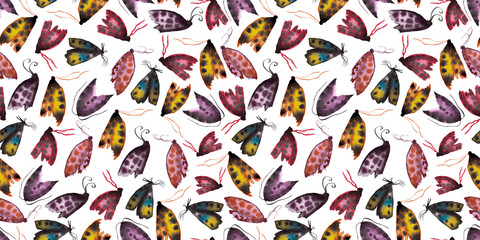 seamless pattern of multicolored moths hand painted watercolor illustrations on white background