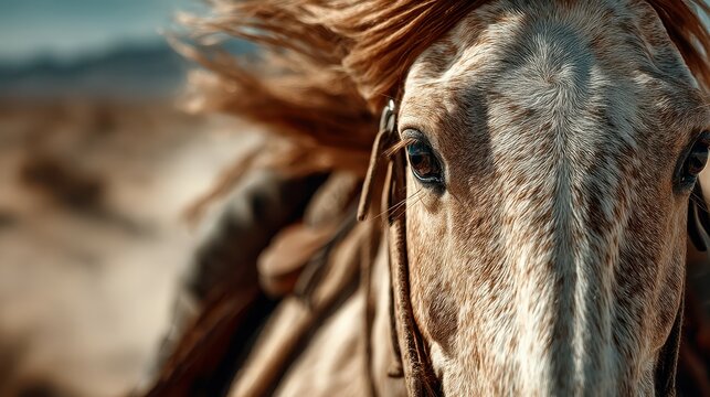 Close-up of a horse running in the desert with flowing mane against a majestic landscape during sunset