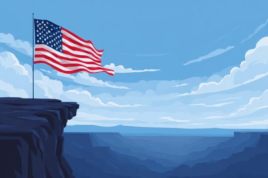 Celebration of American Independence Day with the USA flag waving against a vast landscape under a clear blue sky