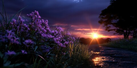 Beautiful sunset with flowers blooming beside a pathway in a tranquil natural setting