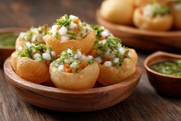 A plate of pani puri or chole with fresh red and green ingredients, served in small buns