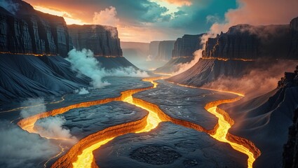 Fototapeta premium A breathtaking surreal planet landscape features flowing lava winding through rocky cliffs under a twilight sky. Smoke rises as colors shift from orange to blue, creating an otherworldly atmosphere