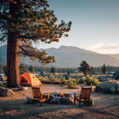 Tranquil camping scene with fire pit and tent at sunset under clear sky in nature landscape