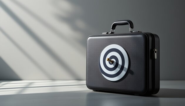 minimal illustration of briefcase and target symbol, goal oriented planning, dramatic lighting, professional photography, ultra sharp, 8k, no text, no logo