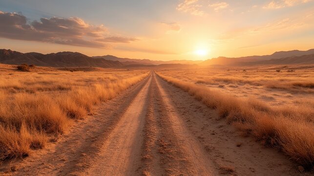 A serene desert landscape at sunset, featuring a long, winding dirt road leading into the horizon where warm colors blend beautifully against the evening sky. - Powered by Adobe