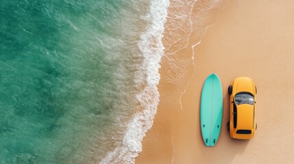 A vibrant surfboard rests next to a bright yellow car parked on the sandy beach, invoking a sense of adventure, leisure, and the joy of summer beach activities.