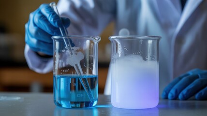 Scientist conducts experiment with glowing liquid in laboratory