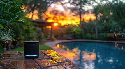 Outdoor speaker by a pool at sunset.