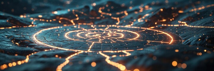 In a surreal landscape, a textured terrain features a glowing spiral pattern emerging from the ground. The background presents an ethereal twilight ambiance, enhancing the mystical environment